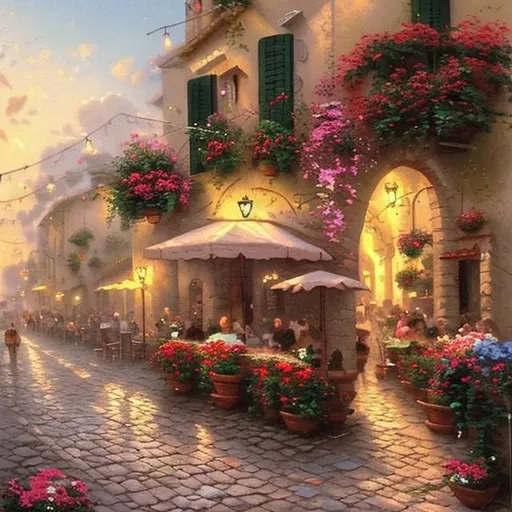 Prompt: paint a picture of a cafe in italy with people sipping coffee and flowers hanging use technique like thomas kinkade