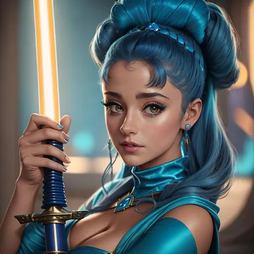 Prompt: a close up of a woman in a blue costume with a sword, ariana grande in star wars, inspired by Ambreen, exposed back, kaya scodelario, aesthetic!!!!!! female genie, displayed on the walls, credit esa, blue mohawk, teal aesthetic, pinup pose, wtf, jar jar binks, 1 0 / 1 0, nymphaea