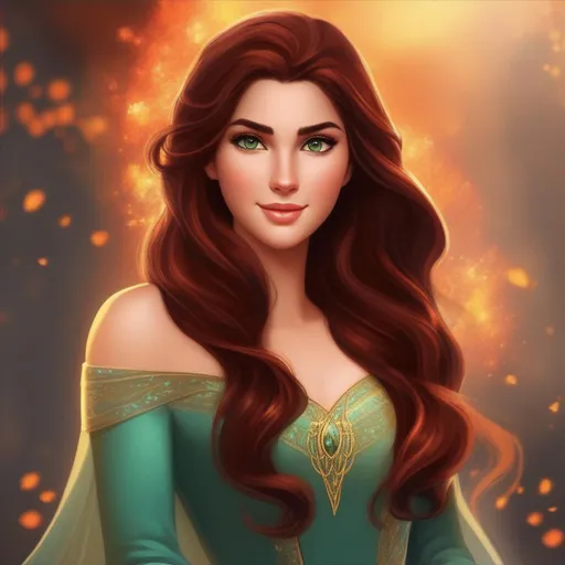 Prompt: elsa's fire-weilding cousin with a redish color scheme with dark brown hair and brownish greenish eyes