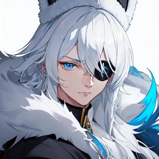 Prompt: Russia as a male human, 8k, UHD,  highly detailed, white hair, blue eyes, wearing a fluffy giant jacket and a ushanka, wearing an eye patch, close up