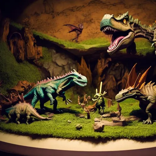 Prompt: Dinosaur diorama in the style of Tim Burton 