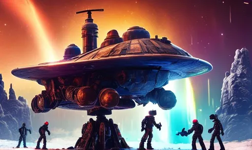 Prompt: old rusty spaceship getting repaired  by robots ice planet sparks fire welding people working aurora many colours   