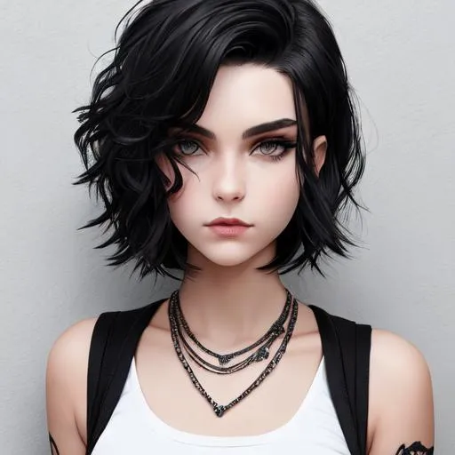 Prompt: edgy. insanely beautiful 16 year old girl. short wavy black hair with light grey undercut.  wearing an edgy black top and black jeans. perfect grey eyes. perfect anatomy. symmetrically perfect face. hyper realistic. heavenly beauty. award winning beauty.