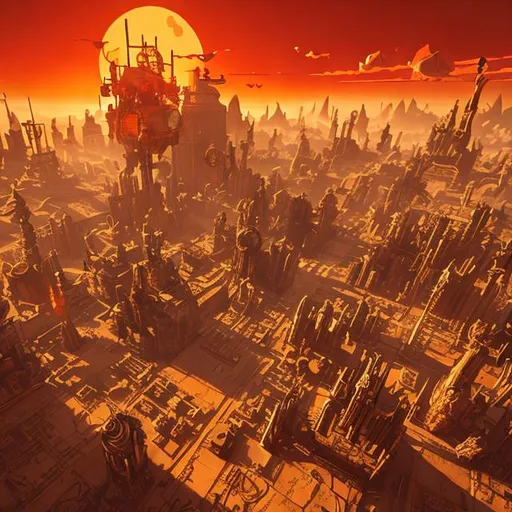Prompt: Flying steampunk city above desert lands of hot sun in nice red and orange colors