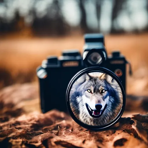 Prompt: Create an image of a camera with the reflection of a wolf in the lens