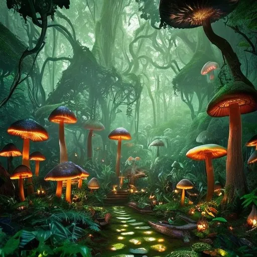 Prompt:  mystical and enchanting forest. Depict lush trees, dappled sunlight filtering through the canopy, and a sense of serene seclusion. Incorporate elements of fantasy, such as glowing mushrooms, ethereal creatures, or hidden pathways