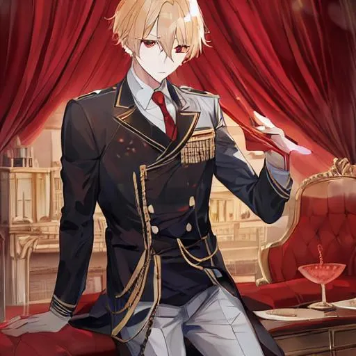 Prompt: Man with an elegant uniform red eyes and blond hairs and an artefact