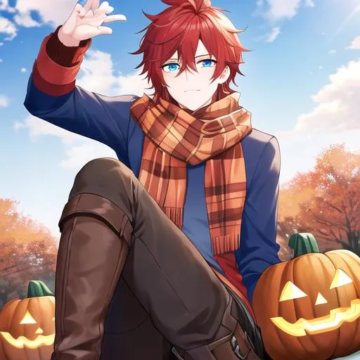 Prompt: Zerif 1male (Red side-swept hair covering his right eye, blue eyes), highly detailed face, 8K, UHD, wearing a cozy  sweater, ripped jeans, and boots, in the park, fall.  wearing a scarf, looking up at the sky, in a pumpkin patch,  young adult