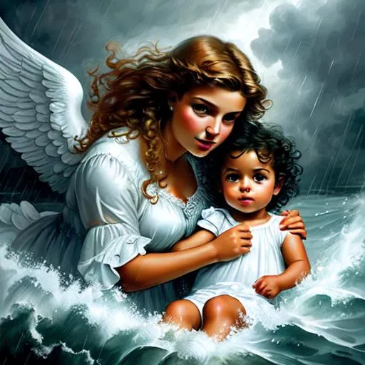 Prompt: protective guardian angel and child in a raging storm,closeup