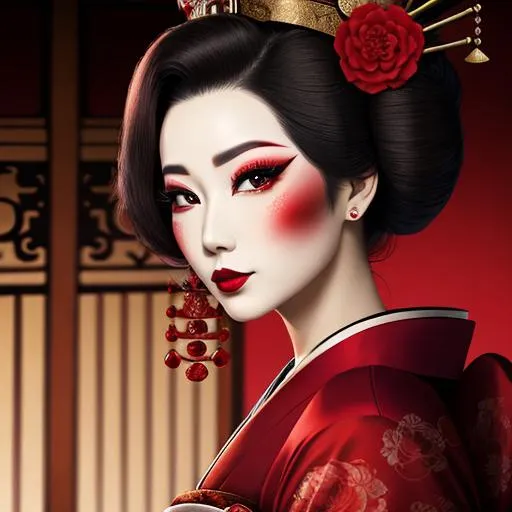 Prompt: Ruby lady-a geisha all in red, full face, elegant, facial closeup