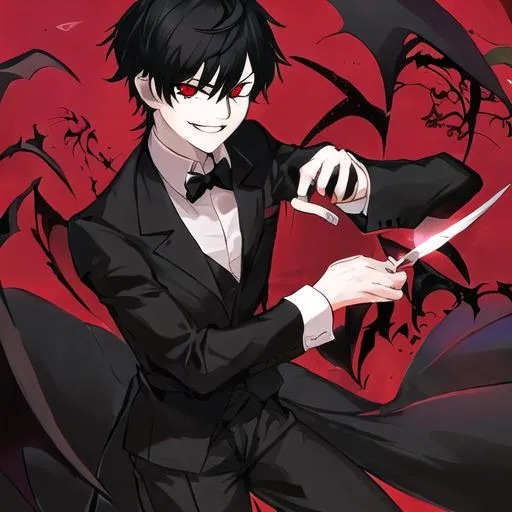 Prompt: Damien  (male, short black hair, red eyes) holding a knife and grinning sadistically 