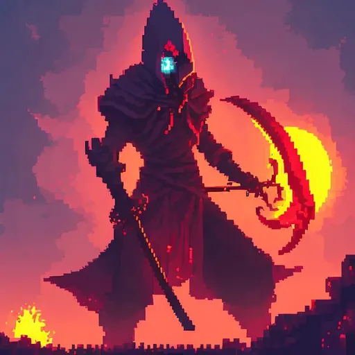 Prompt: Assassin with a scythe
 smoke around him 
in an abended building 
A blood moon in thy sky 
A dragon on the moon
volcano in the background
space
thot
lava
tentacles
magma 
wolf
purple
pixel art





