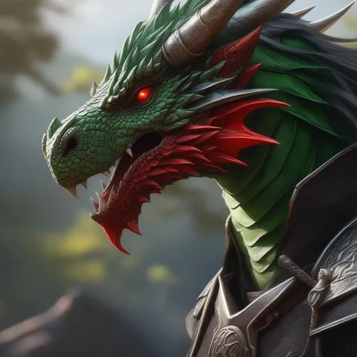 Prompt: A beautiful green and black Dragonborn, with a bright red scar on the right eye, Locked in sword fighting against a human, perfect composition, hyperrealistic, super detailed, 8k, high quality, trending art, trending on artstation, sharp focus, studio photo, intricate details, highly detailed, by Greg Rutkowski, illustration, watercolor
