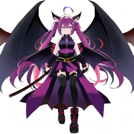 Prompt: Haley  as a demon (multi-color hair) (multi-color eyes)(she has horse ears) holding a katana, fighting, in a gunfight, bullets flying, fighting in a rural area, angry, (demon tail), (demon wings), lunging at the center, flying in the air