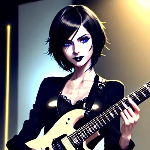 Prompt: semi-realistic goth anime girl playing electric guitar, skin highlights,black short hair, sweat,singing in night club, movie scene, teen singer, glamour, looking at viewer,
wonderful face, very detailed face, extremely detailed face, highly detailed face, soft smile, happy,
perfect face, perfect eyes, perfect teeth, perfect body, perfect anatomy, beautiful body, trending on instagram, trending on tiktok, trending on artstation, trending on cgsociety, white sclera,
photorealistic, masterpiece, cinematic, 16k artistic photography, epic, drama, 
romance, glamour, beauty, 
cinematic lighting, dramatic lighting, insanely detailed, soft natural volumetric cinematic lighting, award-winning photography, rendering, hd, high definition, 
highly detailed