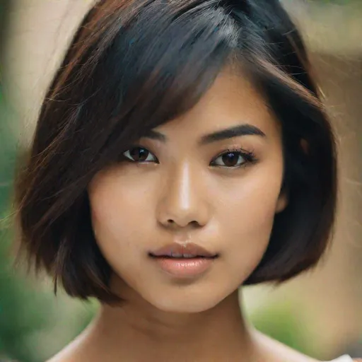 Prompt: portrait+ style photograph of a pretty young Indonesian woman, 25 year old, (round face, high cheekbones, almond-shaped brown eyes, slight epicanthic fold, short black hair, small delicate nose, slightly flattened nose bridge, wide nasal base, full luscious lips, light tan skin)