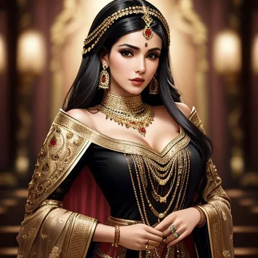 Prompt: woman beautiful dark haired woman , ornate clothes, elaborate jewels