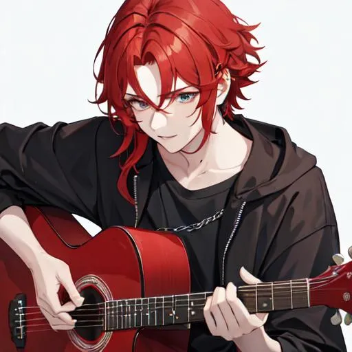 Prompt: Zerif 1male (Red side-swept hair covering his right eye) singing and playing the guitar at a concert, UHD, 8K, highly detailed