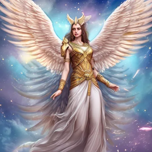Prompt: Realistic Very majestic Greek like cat goddess with epic majestic wings, gold pink and blue