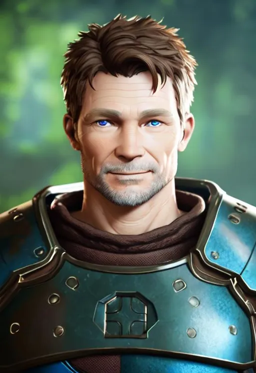 Prompt: Digital Art, 45-year-old viking man, brown hair, medium length wavy hair, subtle smile, a couple of wrinkles short trimmed beard, short trimmed mustache, brown eyes, blue gear, yellow armor, unreal engine 8k octane, 3d lighting, full body, full armor