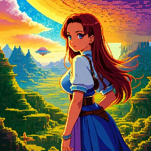 Prompt: cute girl, low resolution, hyperdetailed pixel art, fantasy art, retro art, clean art, retro style, 150 mm lens, cinematic shot, perfect angle, Chrono Trigger art direction, Chibi, flying saucers in space (Epic composition, epic pose, epic proportion, epic fantasy,) (Hyperdetailed, finest detail, ultra detailed, intricate), contrast, (Octane render, volumetric lighting, 3d render, reflection, ray tracings, voxel render, depth of field, bokeh), HD, UHD, masterpiece, professional work,