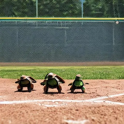 Prompt: turtles playing baseball

 