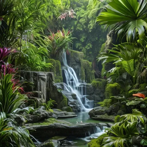 Prompt: photo of a waterfall in a tropical garden, lot of details, 4K