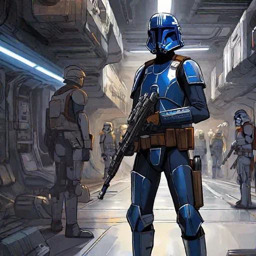 Prompt: Star wars rebel alliance male spec-ops. Dark blue armor uniform. He wears a clone helmet with a narrow t-shaped visor. In background a scifi alley. Rpg art. Star wars art. 2d art. 2d. Well draw face. Detailed. 