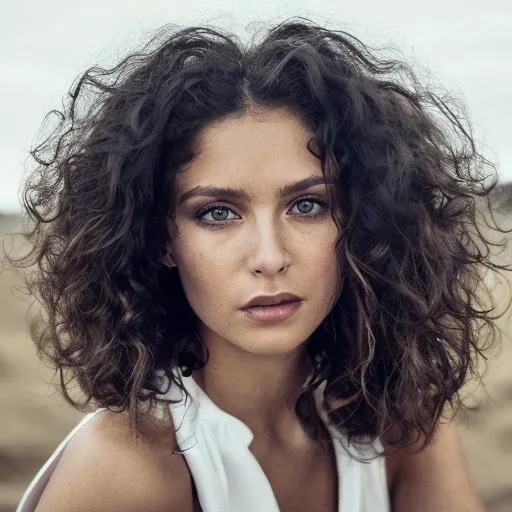 Prompt: A pretty white woman with medium length black curly hair and black eyes