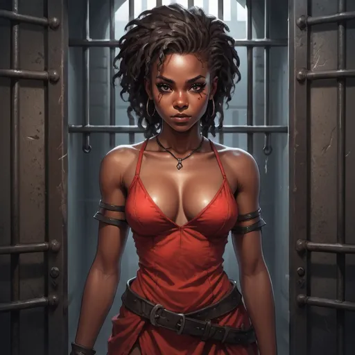 Prompt: Full body, Fantasy illustration of a black female rogue, 23 years old, beautiful, black skin, fancy hairstyle, attractive short red dress, no shirt, noticeable makeup, snippy expression,  high quality, rpg-fantasy, detailed, in a prison cell