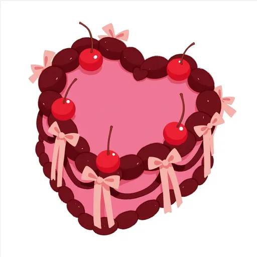 Prompt: A charming heart-shaped cake takes center stage, adorned with rich chocolate icing that creates a beautiful contrast against the vibrant pink layers beneath. Surrounding the top are glossy red cherries, which add a playful touch, while delicate pink bows are artfully placed at the sides, enhancing the cake's sweetness. The design combines simplicity with elegance, inviting viewers to appreciate the festive, romantic aesthetic it evokes. The overall composition feels cheerful and celebratory, suggesting it’s designed for a special occasion such as Valentine's Day or a wedding.