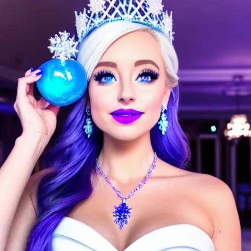 Prompt: Ice Queen Kayleigh McEnany, Elsa, eating blue ice cream in winter palace, blue lipstick, city skyline, windy and snowing, blue heart necklaces, Large frozen Ball Gown, pleasant face, blue eyes, Black-purple eyeshadow, Sugar Hat, extremely large ice earrings. Cold color scheme, ultradetailed, 8k resolution, perfect, smooth, high quality, shiny. 