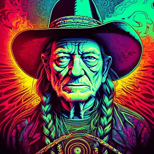 Prompt: Hypnotic illustration of Willie Nelson, hypnotic psychedelic art by Dan Mumford, pop surrealism, dark glow neon paint, mystical, Behance