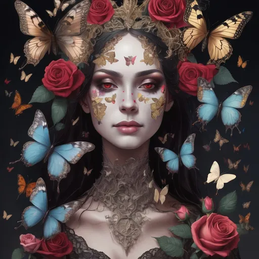 Prompt: a woman with flowers and butterflies on her head and face, surrounded by butterflies and roses, is surrounded by butterflies and roses, Android Jones, gothic art, highly detailed digital painting, a detailed painting