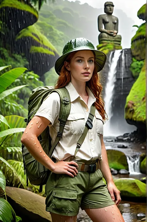 Prompt: ((Rain-soaked:2.0)) Athletic young woman with thick auburn hair, intricate beautiful face, and green eyes, wearing a white shirt, hiker's vest, khaki cargo shorts, socks and trail boots, topped with a khaki canvas pith helmet, olive green backpack, standing next to a jungle stream with an ancient stone Moai in the background, filtered sunlight, tropical, and exotic, high-res, pro-photo, detailed face, ((glistening water on skin)), lush greenery, tropical atmosphere, professional lighting, ((rain soaked clothing)), steamy & rainy jungle scene, ancient stone idol, Hollywood adventure setting