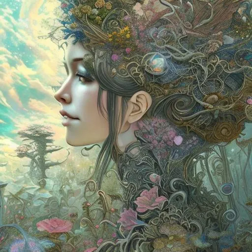 Prompt: An anime Portrait of a pretty woman with an insanely detailed house on her head, with multiple levels and lights in the windows, heavy Clouds, Cinematic smooth, magic, sunlight, fantasy, flowers and mushrooms, overgrown by roman bozhkov, Hannah Yata, catherine abel, Louis Wain, Marta dahlig. Highly detailed, intricate details, beautiful, cinematic quality, photorealistic, iridescent colours, 4k