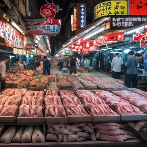 Prompt: Facebook cover photo about japan fish market