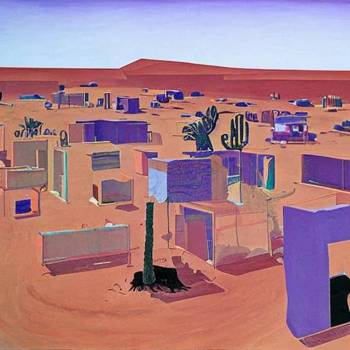 Prompt: Slab city, desert, still life, David Hockney drawing, large areas of white 