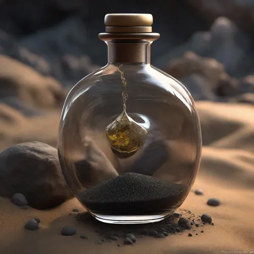 Prompt: A healthpotion in a fancy vial, half-burried, dirty with black volcanic sand and tar and oil, laying in volcanic sand, inside, cave, low-lighting, art by Stanley Lau and Artgerm and magali villeneuve and Alphonse Mucha, artstation, octane render, cgsociety, HDR, UHD, 64k, best quality, best quality, masterpiece:1.5)
