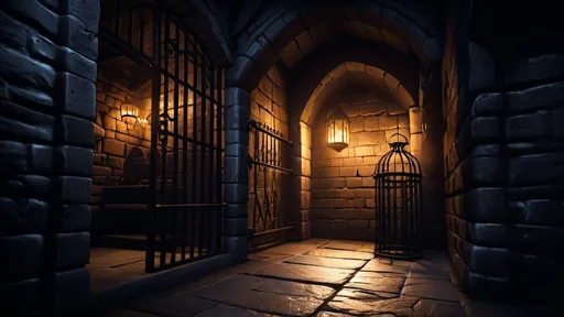 Prompt: Dark medieval prison with a cage, detailed lantern on wall, photorealism, unreal engine render, concept art, warhammer fantasy RPG style, detailed iron bars, eerie atmospheric lighting, highres, photorealistic, Unreal Engine, medieval, detailed environment, dramatic shadows, menacing atmosphere, realistic textures, detailed concept art