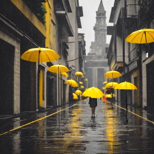 Prompt: Yellow umbrellas falling from the sky in a grey, rainy street.