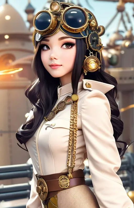 Prompt: Steampunk flat vector art, woman cosplay a Kim Possible, beautiful anime style woman, flat color, clean detailed faces, intricate clothing, analogous colors, glowing shadows, beautiful gradient, depth of field, clean image, high quality, high detail, high definition, L, cute face, 8k resolution, concept art, Amanda Sage, wearing military uniform dress on an airship, staring at the sky, at table filled with maps and brass tools, 4k, trending on artstation, pixiv, perfect detailed, brass gears, tiny drones fixing the ship, masterpiece, bright colors, Sunny, Daylight