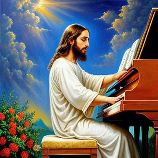 Prompt: Jesus Christ playing the piano in the heavens, beautiful, heavenly, best art, oil painting, detailed