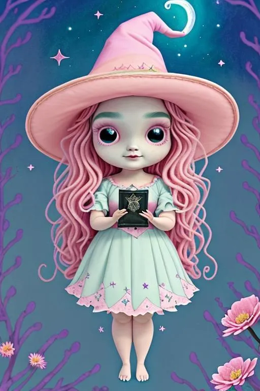 Prompt: beautiful plus size witch with wavy pink, doing magic, wearing witch hat, cute, flowers, aesthetic, pastel, fairycore, disney, pixar, moon, stars, witchcraft, in a starry pastel sky, garden, sweet, dreamy, award winning illustration, artstation, highres, hyperrealistic, large eyes, celestial, sci-fi, fantasy, cottagecore, tarot card style, art nouveau