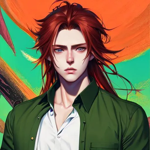 Prompt: illustration art, front, modern fashion, epic Instagram, artstation, hyperdetailed, unreal engine, modern anime anime style, complementary colors, 8k, deviantart masterpiece, oil painting, heavy strokes, young man, red long hair, green pear eyes, crossing his arms, collared shirt, tight sleeve shirt