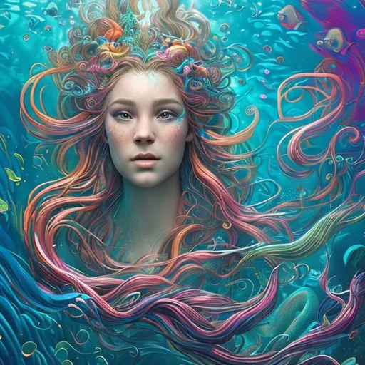Prompt: Vibrant and colorful art of an underwater kingdom of mermaids, with long, flowing hair and tails that shimmer in the sunlight. face in   realistic detail.