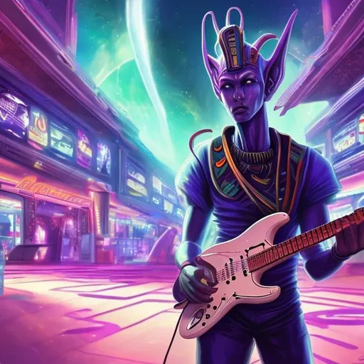 Prompt: Pharoah playing guitar for tips in a busy alien mall, widescreen, infinity vanishing point, galaxy background