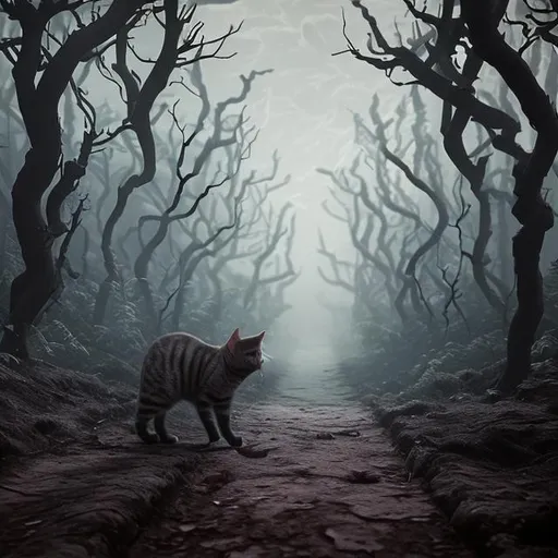 Prompt: A cat going through a dark forest, with trees without leaves, the ground covered in blood