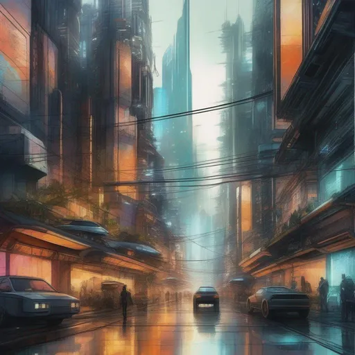 futuristic cyberpunk city, highly detailed, water color