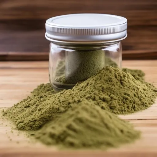 Prompt: create a professional photo 640 height and 940 wide showcasing a neatly organized, airtight glass jar filled with vibrant green Kratom powder, placed on a wooden shelf alongside a temperature-controlled storage container and a label indicating the strain and date of purchase